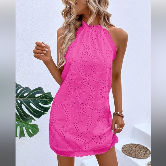 SHEIN Dresses & Skirts - SHEIN VCAY Eyelet Embroidery Scallop Trim Halter Neck Dress |  L